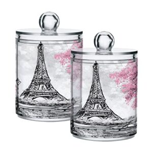 nander 2pack qtip holder dispenser -pink paris tower clear plastic apothecary jars set - restroom bathroom makeup organizers containers for cotton swab, ball, pads, floss