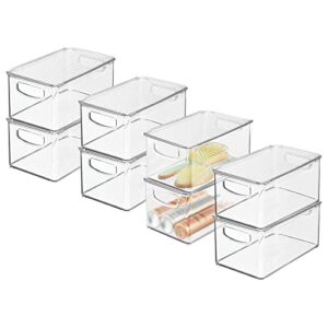 mdesign deep plastic bathroom storage bin box, lid/built-in handles, organization for makeup, hair styling tools, toiletry accessories in cabinet, shelves, ligne collection, 8 pack, clear