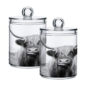 kigai highland cow qtip holder dispenser for cotton ball, cotton swab,plastic clear apothecary jar, home décor kitchen storage jar,2 pack