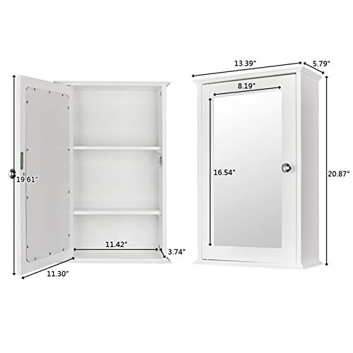 Bathroom Wall Cabinet, White Bathroom Wall Cabinet , with Mirror Single Door and 5 Compartment Storage Cabinet, Wood Hanging Cabinet, Kitchen Medicine Storage Organizer, for Bathroom (With Mirror,)