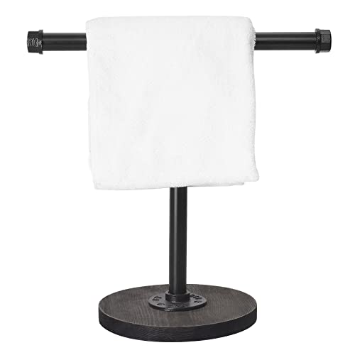 Hand Towel Stand with Wood Base,Industrial Pipe Towel Holder Heavy Duty Countertop Free Standing Towel Rack for Farmhouse Bathroom Kitchen