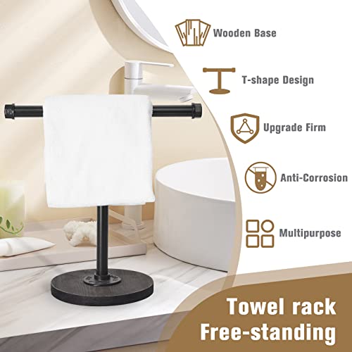 Hand Towel Stand with Wood Base,Industrial Pipe Towel Holder Heavy Duty Countertop Free Standing Towel Rack for Farmhouse Bathroom Kitchen