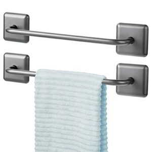 mdesign stainless adhesive towel holder - space saving rack/bar for bathroom wall, door, or cabinet - holds washcloths, hand and face towels - unity collection - 2 pack, graphite gray