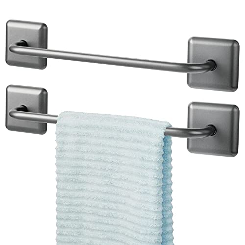 mDesign Stainless Adhesive Towel Holder - Space Saving Rack/Bar for Bathroom Wall, Door, or Cabinet - Holds Washcloths, Hand and Face Towels - Unity Collection - 2 Pack, Graphite Gray