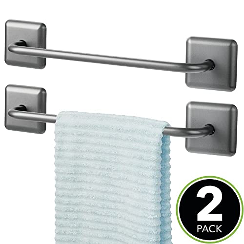 mDesign Stainless Adhesive Towel Holder - Space Saving Rack/Bar for Bathroom Wall, Door, or Cabinet - Holds Washcloths, Hand and Face Towels - Unity Collection - 2 Pack, Graphite Gray