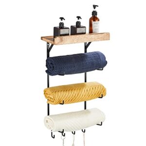 towel rack wall mounted for bathroom, metal bath towel holder storage hand towels w/wood shelf and 4 hooks for small bathroom organizer decor or rv camper, black