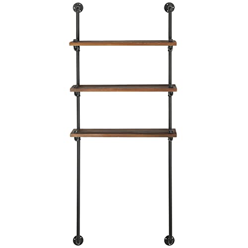 MyGift Wall Mounted Rustic Industrial Pipe Over-The-Toilet Storage Shelf with Burnt Solid Wood 3 Tier Display Shelves, Bathroom Shelf Rack