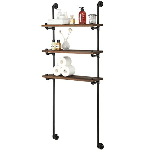 MyGift Wall Mounted Rustic Industrial Pipe Over-The-Toilet Storage Shelf with Burnt Solid Wood 3 Tier Display Shelves, Bathroom Shelf Rack