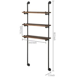 MyGift Wall Mounted Rustic Industrial Pipe Over-The-Toilet Storage Shelf with Burnt Solid Wood 3 Tier Display Shelves, Bathroom Shelf Rack