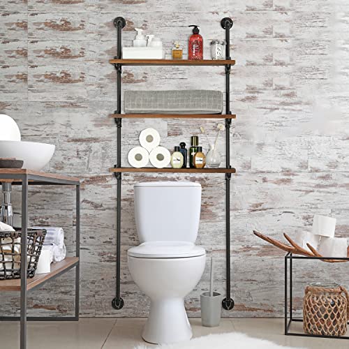 MyGift Wall Mounted Rustic Industrial Pipe Over-The-Toilet Storage Shelf with Burnt Solid Wood 3 Tier Display Shelves, Bathroom Shelf Rack