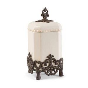 15-inch tall provencial cream canister with brown metal scrolled base