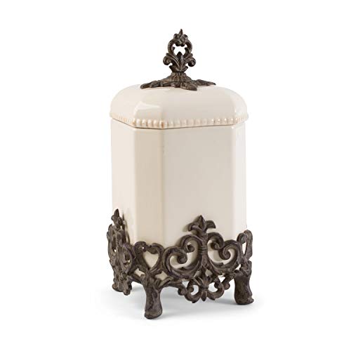 15-Inch Tall Provencial Cream Canister with Brown Metal Scrolled Base