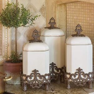 15-Inch Tall Provencial Cream Canister with Brown Metal Scrolled Base