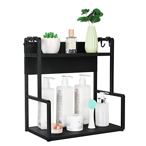 RekRang Bathroom Organizer Countertop,2 Tier Metal Kitchen Spice Rack Bathroom Tray Cosmetic Organizer,Counter Storage Shelf for Bathroom Kitchen Living Room Bedroom (Black)