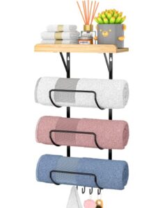 goramio wall mounted towel rack for bathroom - metal towel storage organizer with wooden top shelf and 4 hooks - towel holder for rolled towels, bath towels, washcloths, hand towels, small towels