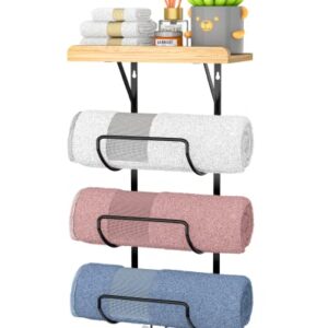 Goramio Wall Mounted Towel Rack for Bathroom - Metal Towel Storage Organizer with Wooden Top Shelf and 4 Hooks - Towel Holder for Rolled Towels, Bath Towels, Washcloths, Hand Towels, Small Towels