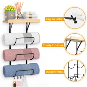 Goramio Wall Mounted Towel Rack for Bathroom - Metal Towel Storage Organizer with Wooden Top Shelf and 4 Hooks - Towel Holder for Rolled Towels, Bath Towels, Washcloths, Hand Towels, Small Towels