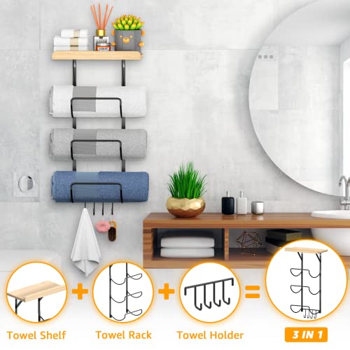 Goramio Wall Mounted Towel Rack for Bathroom - Metal Towel Storage Organizer with Wooden Top Shelf and 4 Hooks - Towel Holder for Rolled Towels, Bath Towels, Washcloths, Hand Towels, Small Towels