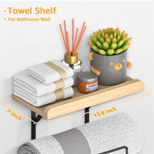 Goramio Wall Mounted Towel Rack for Bathroom - Metal Towel Storage Organizer with Wooden Top Shelf and 4 Hooks - Towel Holder for Rolled Towels, Bath Towels, Washcloths, Hand Towels, Small Towels