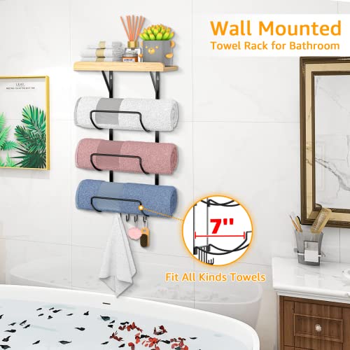 Goramio Wall Mounted Towel Rack for Bathroom - Metal Towel Storage Organizer with Wooden Top Shelf and 4 Hooks - Towel Holder for Rolled Towels, Bath Towels, Washcloths, Hand Towels, Small Towels