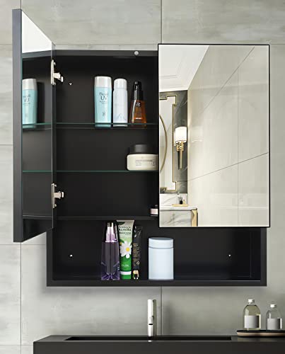 HESONTH Farmhouse Black Metal Framed Surface Mounted Bathroom Medicine Cabinet with Mirror Rectangle Vanity Mirros Cabinet for Wall 22x24 inch