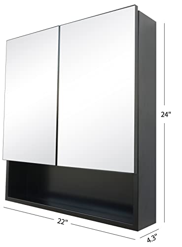 HESONTH Farmhouse Black Metal Framed Surface Mounted Bathroom Medicine Cabinet with Mirror Rectangle Vanity Mirros Cabinet for Wall 22x24 inch