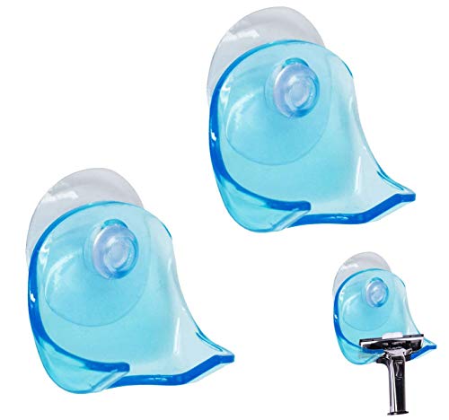 2 Package Suction Grip Razor Holder,Plastic Super Suction Cup Razor Rack,Suction Razor Hook Razor Cup Shaver Storage for Bathroom Shower Room Wall (Clear Blue)