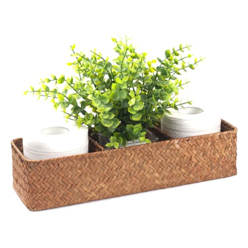 DOKOT Toilet Tank Basket,Toilet Paper Basket, Bathroom Baskets for Organizing , Toilet Basket Tank Topper,Seagrass Toilet Tank Basket with 3 Section, Woven Storage Basket for Kitchen,Toilet, Dresser