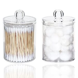 qihomy 10-ounce qtip holder dispenser for cotton balls, cotton swabs, cotton round pads, clear plastic apothecary jar set for bathroom canister storage organization, dresser organizer (2 pack)