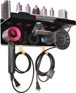 2in1 wall mount holder for dyson airwrap styler & dyson hair dryer, nail-free or perforat to install, organizer storage rack with hooks steel rings for curling barrels brushes