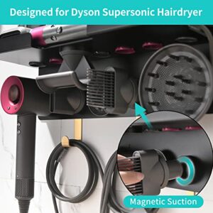 2in1 Wall Mount Holder for Dyson Airwrap Styler & Dyson Hair Dryer, Nail-Free or Perforat to Install, Organizer Storage Rack with Hooks Steel Rings for Curling Barrels Brushes