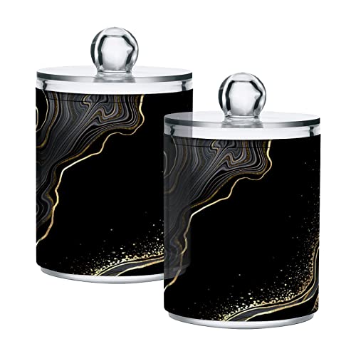 ALAZA Black White Golden Marble 2 Pack Qtip Holder Dispenser with Lid 14 Oz Clear Plastic Apothecary Jar Containers Jars Bathroom for Cotton Swab, Ball, Pads, Floss, Vanity Makeup Organizer