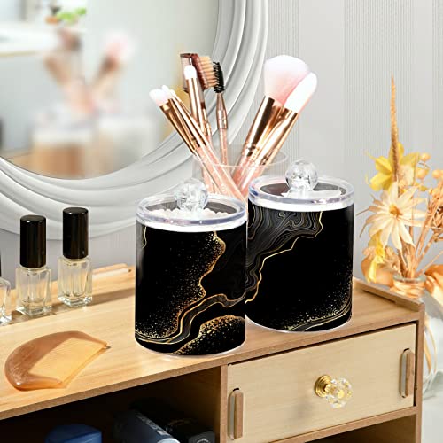 ALAZA Black White Golden Marble 2 Pack Qtip Holder Dispenser with Lid 14 Oz Clear Plastic Apothecary Jar Containers Jars Bathroom for Cotton Swab, Ball, Pads, Floss, Vanity Makeup Organizer