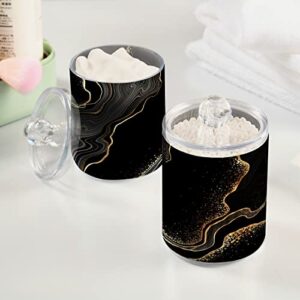 ALAZA Black White Golden Marble 2 Pack Qtip Holder Dispenser with Lid 14 Oz Clear Plastic Apothecary Jar Containers Jars Bathroom for Cotton Swab, Ball, Pads, Floss, Vanity Makeup Organizer