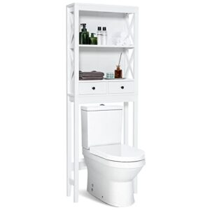 tangkula over the toilet storage cabinet, 65” over toilet bathroom organizer with adjustable bottom bar, 2 open shelves, 2 drawers, anti-tip devices, freestanding above toilet storage cabinet (white)