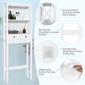 Tangkula Over The Toilet Storage Cabinet, 65” Over Toilet Bathroom Organizer with Adjustable Bottom Bar, 2 Open Shelves, 2 Drawers, Anti-tip Devices, Freestanding Above Toilet Storage Cabinet (White)