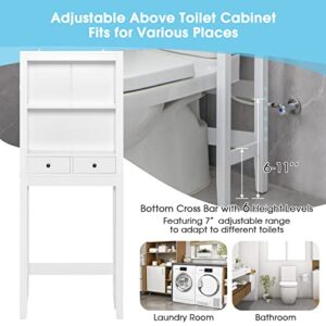 Tangkula Over The Toilet Storage Cabinet, 65” Over Toilet Bathroom Organizer with Adjustable Bottom Bar, 2 Open Shelves, 2 Drawers, Anti-tip Devices, Freestanding Above Toilet Storage Cabinet (White)