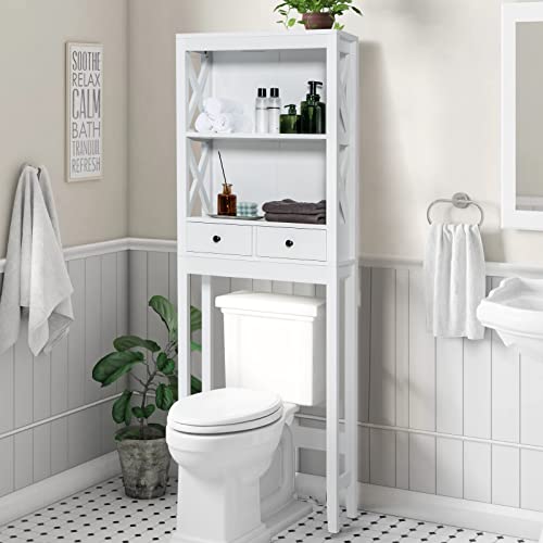Tangkula Over The Toilet Storage Cabinet, 65” Over Toilet Bathroom Organizer with Adjustable Bottom Bar, 2 Open Shelves, 2 Drawers, Anti-tip Devices, Freestanding Above Toilet Storage Cabinet (White)
