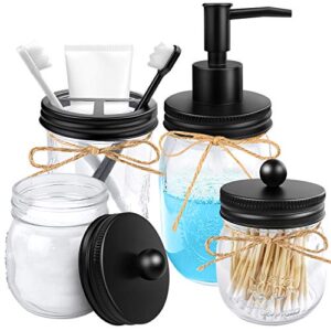 4pcs Rustic Mason Jar Bathroom Accessories Set- Liquid Soap Pump Dispenser and 2 Small Apothecary Storage Glass Jars&Toothbrush Stand Holder for Bathroom, Farmhouse Home Decor, Kitchen Sink (Black)