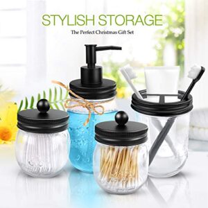 4pcs Rustic Mason Jar Bathroom Accessories Set- Liquid Soap Pump Dispenser and 2 Small Apothecary Storage Glass Jars&Toothbrush Stand Holder for Bathroom, Farmhouse Home Decor, Kitchen Sink (Black)