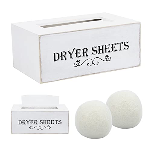 Jobelle Dryer Sheet Holder Magnetic Rustic Farmhouse Dryer Sheet Dispenser for Laundry Room Organization Storage and Decor Wooden Dryer Sheet Holder Container Box for Fabric Softener Sheets With Two Wool Dryer Balls