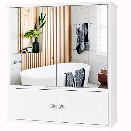 HORSTORS Mirror Bathroom Cabinet, Medicine Cabinet with Adjustable Shelf, Wall Mounted Storage Cabinet with 4 Doors for Bathroom, Bedroom, Hallway, White