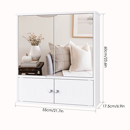 HORSTORS Mirror Bathroom Cabinet, Medicine Cabinet with Adjustable Shelf, Wall Mounted Storage Cabinet with 4 Doors for Bathroom, Bedroom, Hallway, White