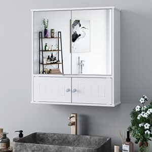 HORSTORS Mirror Bathroom Cabinet, Medicine Cabinet with Adjustable Shelf, Wall Mounted Storage Cabinet with 4 Doors for Bathroom, Bedroom, Hallway, White