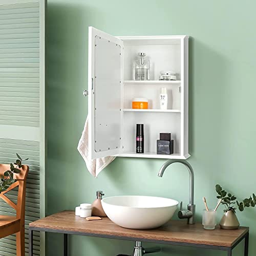 QXDRAGON Wall Mounted Bathroom Cabinet, 2-in-1 Mirror Medicine Cabinet with 3 Heights Adjustable Shelf & Single Mirror Door Storage Cabinet Over-The-Toilet Storage Organizer (White)