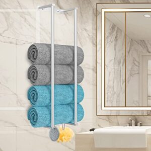 towel racks for bathroom, wall mounted stainless steel towel storage organizer with 2 hooks, bath towel holder, wall towel rack for rolled towels, washcloths racks for small space bathroom (silver)