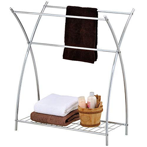 MyGift Stainless Steel Metal Laundry Room Clothing Drying Rack, Freestanding Bathroom Towel Bar Hanging Stand with Storage Shelf