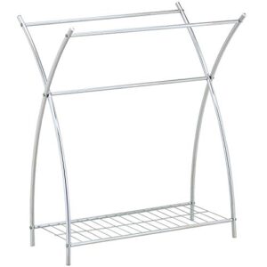 MyGift Stainless Steel Metal Laundry Room Clothing Drying Rack, Freestanding Bathroom Towel Bar Hanging Stand with Storage Shelf