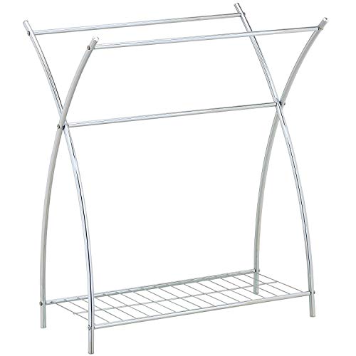 MyGift Stainless Steel Metal Laundry Room Clothing Drying Rack, Freestanding Bathroom Towel Bar Hanging Stand with Storage Shelf