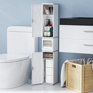 esthello bathroom storage cabinet with roll toilet paper holder, narrow tall cabinet storage, waterproof coner shelf, compact bathroom storage organizer for small bathroom (3 layers)